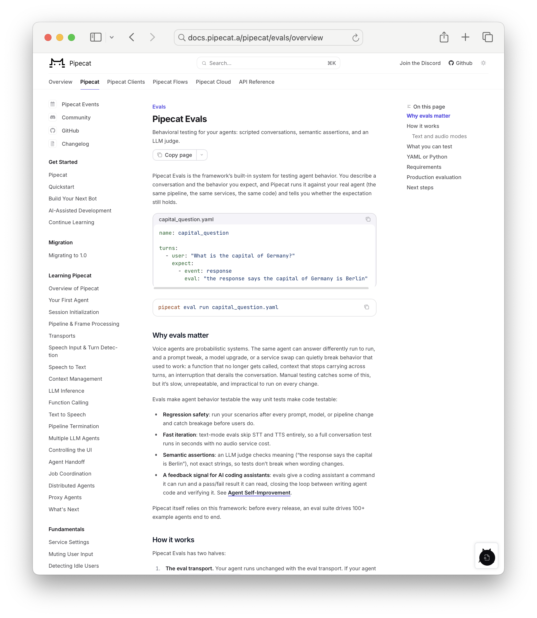 The Pipecat Evals documentation: the framework's built-in system for testing agent behavior